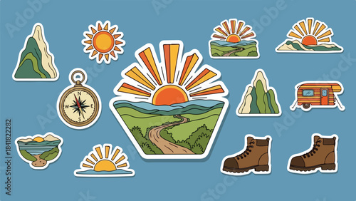 Colorful outdoor adventure sticker designs with nature motifs.