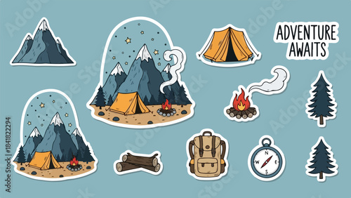 Hand drawn camping sticker set featuring tents, campfire, backpack and mountain scenes.