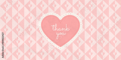 Valentine's Day Poster Pink Heart with lace and text on pink seamless diamond pattern. Vintage coquette postcard or banner. Paper texture background. Modern typography. Vector illustration art