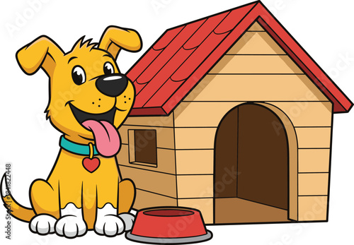 Cute and Happy Cartoon Puppy Sitting Next to its Wooden Doghouse and Food Bowl, Representing Pets, Domestic Animals, and Canine Companionship