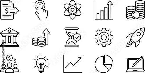 Business finance growth icon set including innovation analytics investment strategy productivity management technology success outline symbols