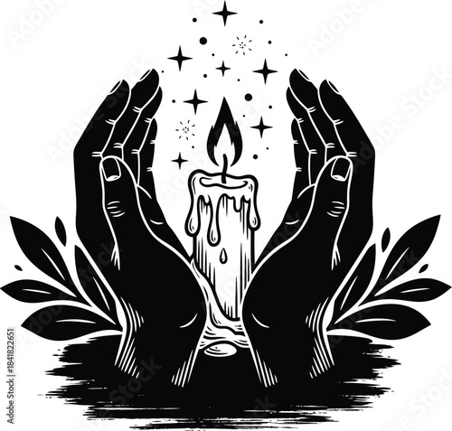 Hands Holding Candle Spiritual Protection Mystical Vector Illustration