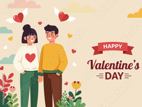 Romantic Valentine’s Day illustration of a happy couple holding hands surrounded by hearts, flowers, and clouds. Perfect for love-themed cards, holiday greetings, and romantic designs.
