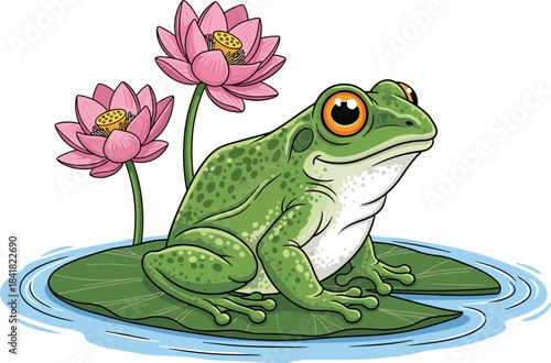 Detailed Cartoon Illustration of a Green Frog Sitting Peacefully on a Lily Pad, Accompanied by Pink Lotus Flowers, Representing Nature, Serenity, and Pond Life