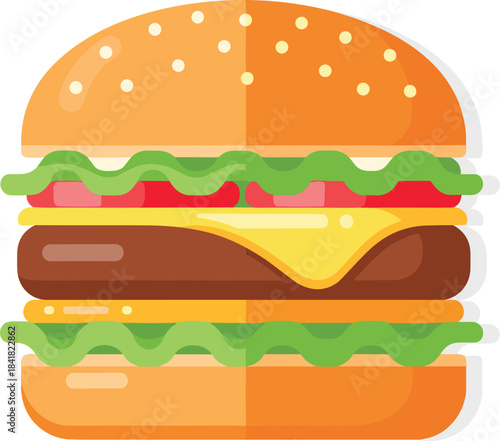 Modern Flat Design Vector Illustration of a Big Cheeseburger with Lettuce, Tomato, and Sesame Seed Bun, Representing Fast Food and Deliciousness