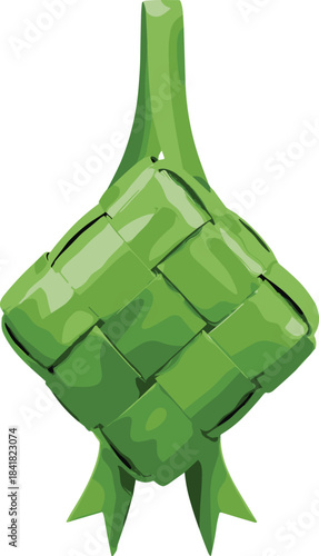 Traditional Ketupat Rice Cake Pouch Woven from Palm Leaf, Symbolizing Islamic Celebrations like Eid al-Fitr, Food, and Southeast Asian Culture