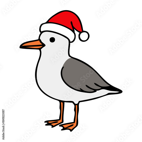 Dibujo sencillo con líneas de gaviota simpática con sombrero de Santa Claus para tarjetas y felicitaciones de Navidad