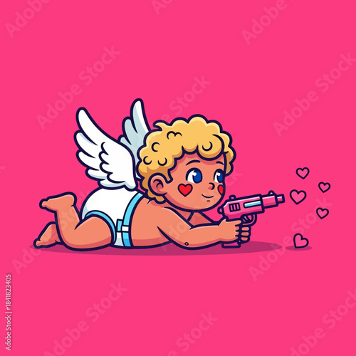 Cute cartoon Cupid aiming a love blaster, surrounded by floating hearts on a bright pink background. Perfect for Valentine’s Day, romance themes, and adorable character illustrations.