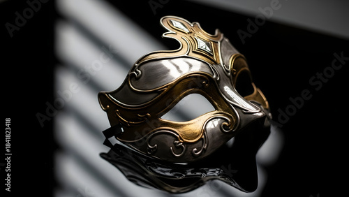 A single intricate venetian carnival mask with gold and silver details is elegantly displayed on a reflective dark surface, showcasing its exquisite craftsmanship and design