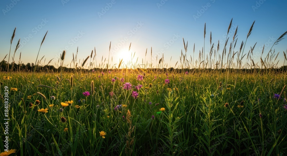 Fototapeta premium Lush, sun-drenched meadow bursting with vibrant summer wildflowers and tall green grasses under a clear blue sky. Golden hour light bathes the abundant nature, lush, foliage, sunny