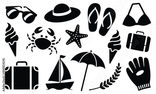 Black silhouette icons set of summer vacation and beach elements on a white background