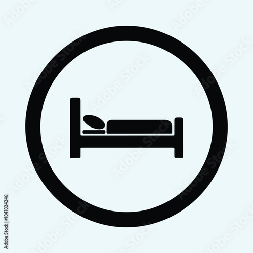 Vector simple hotel room bed icon symbol inside a bold circle silhouette Illustration
