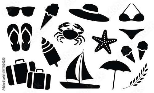 Black silhouette icons set of summer vacation and beach elements on a white background
