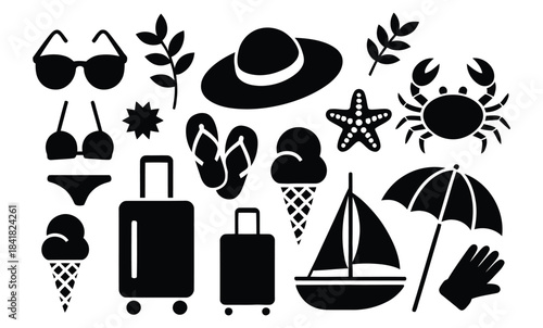 A collection of black silhouettes featuring essential summer vacation and beach icons