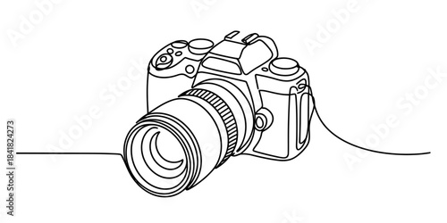 A creative continuous line art illustration of a professional digital camera with large lens Vector, illustration