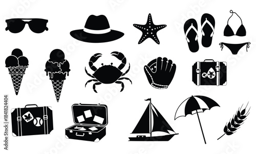 Black and white silhouette icons representing summer vacation and travel accessories