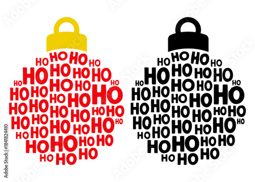 Saludo de Navidad. Logo con silueta de bola de navidad formada por letras de la palabra Ho Ho Ho para su uso en tarjetas y felicitaciones