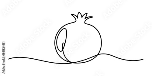 A continuous single line drawing of a pomegranate fruit on a white background