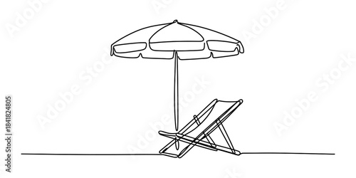 Continuous line drawing of a beach umbrella and deck chair on white background