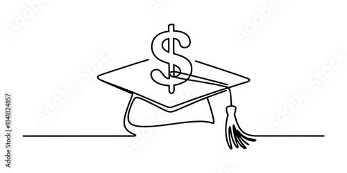 Continuous line drawing illustrating the connection between education and finance with a dollar sign on a graduation cap