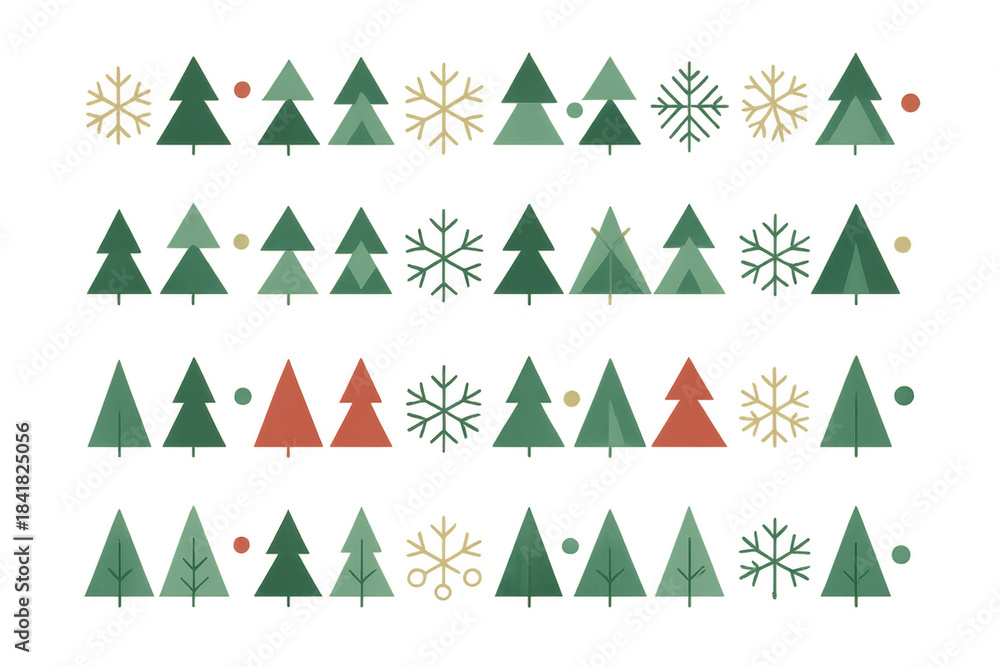 Obraz premium Christmas trees and snowflakes seamless pattern with festive flat design elements on transparent background