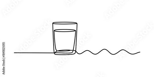 Minimalist single line drawing portraying a glass full of water with a wavy line continuation