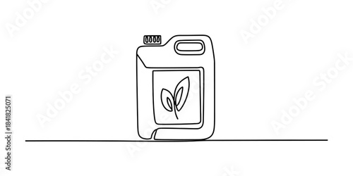 Continuous line drawing of a canister with a leaf symbol for eco-friendly products