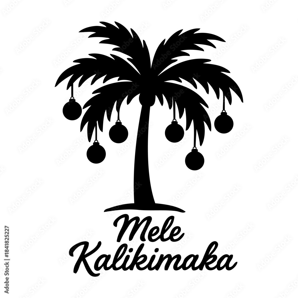 Naklejka premium Navidad en Hawái. Logo Feliz Navidad en hawaiano. Mensaje con texto Mele Kalikimaka con silueta de palmera con bolas de navidad colgantes