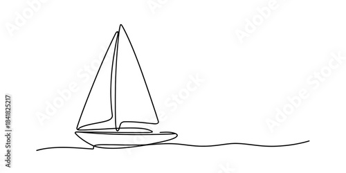 A simple continuous line art drawing of a sailboat on the water