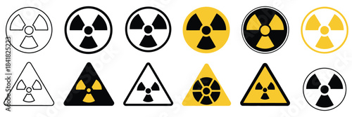 Radiation hazard symbol collection, nuclear danger signs, warning icons, caution graphics, radioactive symbols, line art style, solid fill style, safety icons, danger alerts, toxic material warnings,