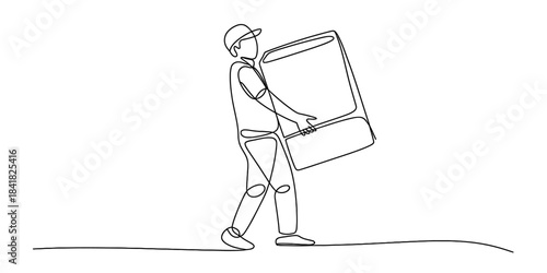 Continuous line art depicting a delivery person carrying a large package or box