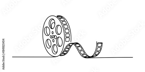 Continuous line drawing of a film reel with unwinding film strip on white background