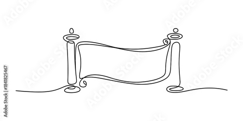 Continuous line art illustration of a decorative banner display between two ornate poles