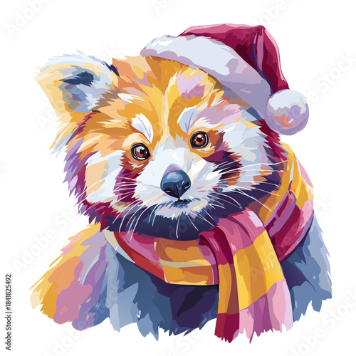 Vector illustration of a colorful red panda in a vibrant geometric style, wearing a hat and scarf, isolated on a white background