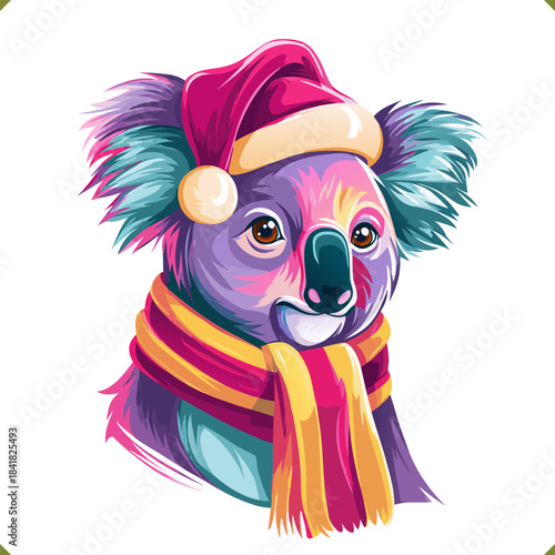 Vector illustration of a colorful koala in a vibrant geometric style, wearing a hat and scarf, isolated on a white background