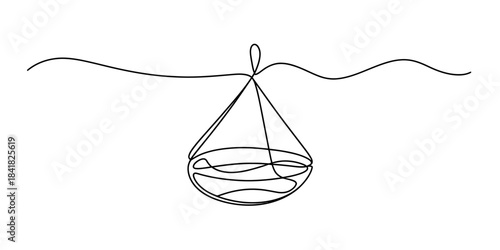 Continuous line art illustration of a minimalist hanging planter pot on a white background