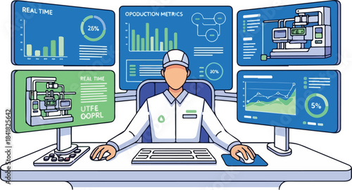 Man in lab coat working on computer with multiple screens displaying charts and graphs