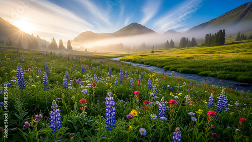 Fototapeta Naklejka Na Ścianę i Meble -  Sunrise over a beautiful alpine meadow a stream flowing through vibrant wildflowers