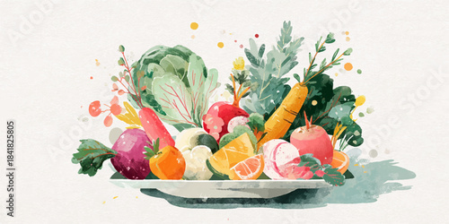 Vibrant watercolor painting of a fresh assortment of healthy vegetables and fruits artfully arranged
