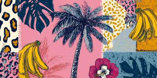 Vibrant tropical collage featuring palm trees bananas exotic flowers and leopard print patterns