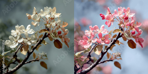 Split image showing a side by side comparison of white and pink cherry blossoms in bloom