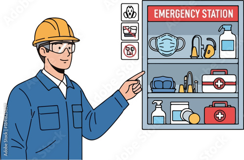 Worker pointing to emergency station with safety equipment.