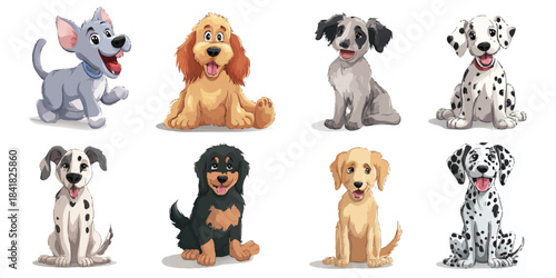Collection of adorable cartoon dogs of various breeds sitting and posing on a white background
