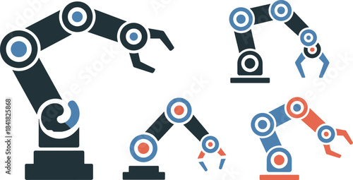 Industrial robotic arm icons set, automation machinery illustration, factory robot manipulators in multiple mechanical engineering variations