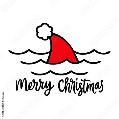 Logo nautical. Dibujo de aleta de tiburón como sombrero de Santa Claus con olas con texto Merry Christmas para tarjetas y felicitaciones de Navidad 