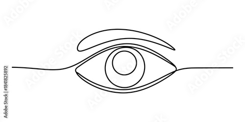 Minimalist continuous line art drawing of a human eye with an eyebrow on a white background