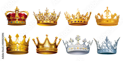 Collection of  ornate and detailed golden and silver royal crowns on a white background