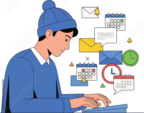 Young man creating viral digital content on laptop with notifications