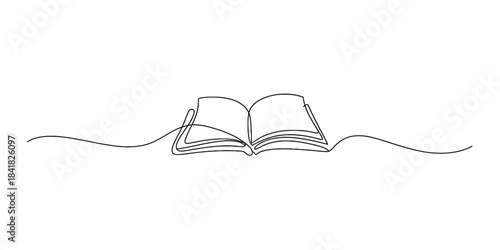 Minimalist single continuous line art drawing illustrating an open book and knowledge flow