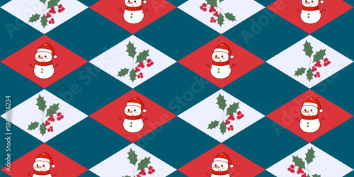 Festive argyle style Christmas pattern featuring cute snowmen and holly on red, teal, and white diamond shapes. Playful, bright, and perfect for holiday designs.